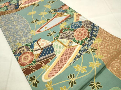 平和屋着物●西陣　白綾苑大庭　六通柄袋帯　花筏　金糸　正絹　逸品　AABM4796pf