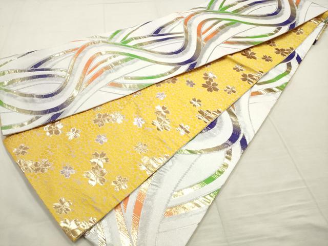 平和屋着物●両面全通柄袋帯　幾何学文様　舞桜文　金銀糸　長尺　正絹　逸品　AABM4799pf