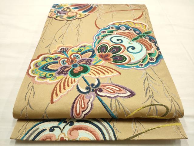 平和屋着物●西陣　白綾苑大庭　六通柄袋帯　花蝶文　金糸　正絹　逸品　AABM4805pf