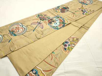 平和屋着物●西陣　白綾苑大庭　六通柄袋帯　花蝶文　金糸　正絹　逸品　AABM4805pf