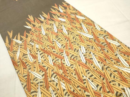 平和屋着物●西陣　河合美術織物謹製　六通柄袋帯　唐織　枝葉文　金糸　正絹　逸品　AABM4808pf