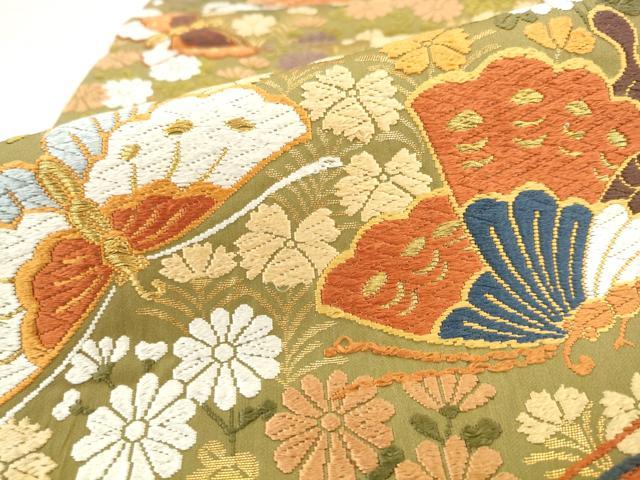 平和屋着物●西陣　河合美術織物謹製　六通柄袋帯　唐織　舞蝶花文　金糸　正絹　逸品　AABM4822pf