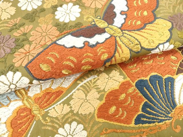 平和屋着物●西陣　河合美術織物謹製　六通柄袋帯　唐織　舞蝶花文　金糸　正絹　逸品　AABM4822pf