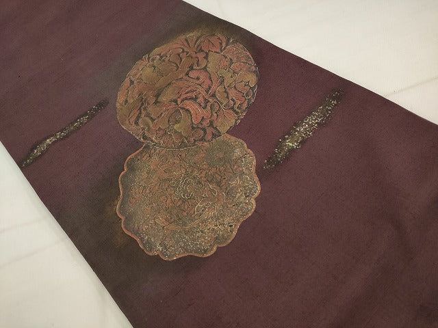平和屋着物●太鼓柄袋帯　紬地　双鳥花文　金彩　正絹　逸品　AABM4831pf