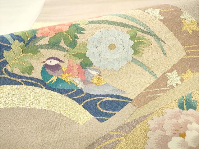 平和屋着物●爪掻き本綴れ　太鼓柄袋帯　地紙重ね花鳥文　金銀糸　正絹　逸品　AABM4836pf