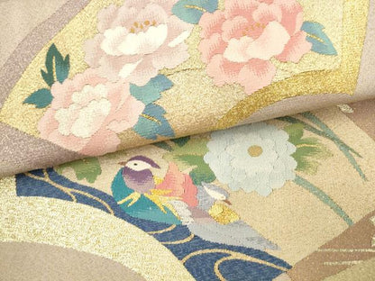 平和屋着物●爪掻き本綴れ　太鼓柄袋帯　地紙重ね花鳥文　金銀糸　正絹　逸品　AABM4836pf