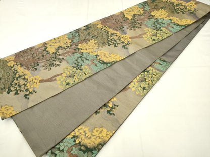 平和屋着物●ファッションデザイナー 花井幸子　六通柄袋帯　風景花文　金糸　正絹　逸品　AABM4844pf
