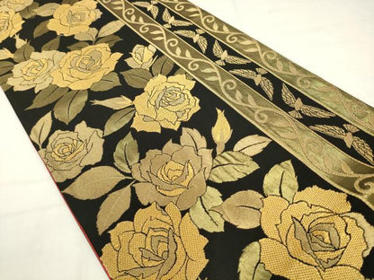 平和屋着物●染色作家　斉藤三才　六通柄袋帯　花鳥間道　黒地　金糸　正絹　逸品　AABM4847pf