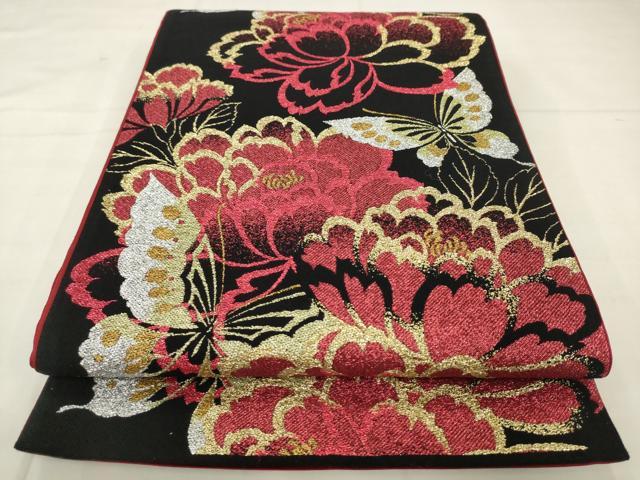 平和屋着物●六通柄袋帯　花蝶文　黒地　金銀糸　正絹　逸品　AABM4856pf