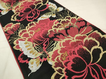 平和屋着物●六通柄袋帯　花蝶文　黒地　金銀糸　正絹　逸品　AABM4856pf