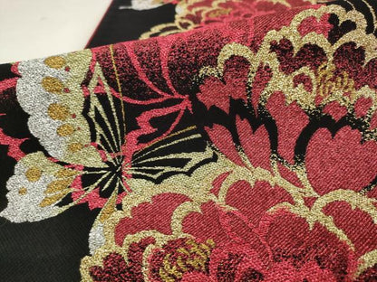 平和屋着物●六通柄袋帯　花蝶文　黒地　金銀糸　正絹　逸品　AABM4856pf
