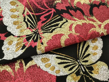 平和屋着物●六通柄袋帯　花蝶文　黒地　金銀糸　正絹　逸品　AABM4856pf