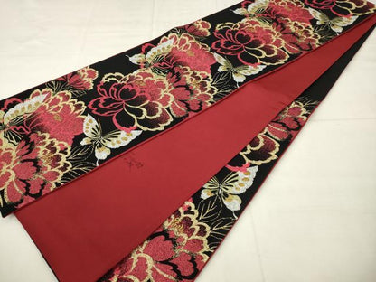 平和屋着物●六通柄袋帯　花蝶文　黒地　金銀糸　正絹　逸品　AABM4856pf