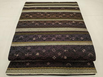 平和屋着物●両面袋帯　螺鈿箔　横段草花文　金糸　やまと誂製　正絹　逸品　AABM4857pf