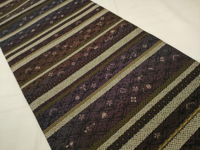 平和屋着物●両面袋帯　螺鈿箔　横段草花文　金糸　やまと誂製　正絹　逸品　AABM4857pf