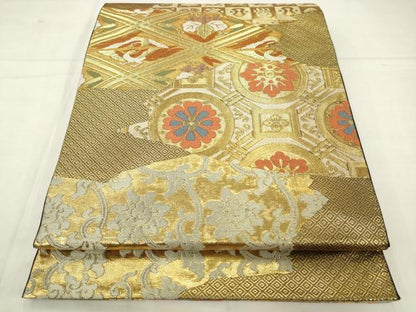 平和屋着物●西陣　川島織物　六通柄　本袋帯　花鳥文　金糸　正絹　逸品　AABM4860pf