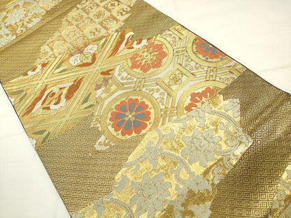平和屋着物●西陣　川島織物　六通柄　本袋帯　花鳥文　金糸　正絹　逸品　AABM4860pf