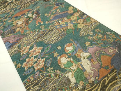 平和屋着物●ファッションデザイナー 花井幸子　六通柄袋帯　人物風景文　金銀糸　正絹　逸品　AABM4864pf