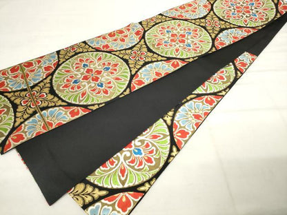 平和屋着物●西陣　川島織物　六通柄　本袋帯　草花文　黒地　金糸　正絹　逸品　AABM4866pf