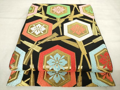 平和屋着物●西陣　川島織物　全通柄　本袋帯　亀甲花文　黒地　金糸　正絹　逸品　AABM4869pf