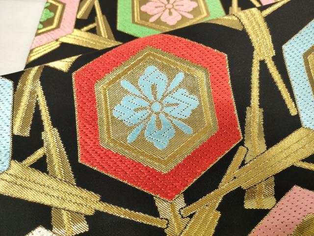 平和屋着物●西陣　川島織物　全通柄　本袋帯　亀甲花文　黒地　金糸　正絹　逸品　AABM4869pf