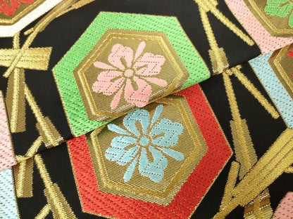 平和屋着物●西陣　川島織物　全通柄　本袋帯　亀甲花文　黒地　金糸　正絹　逸品　AABM4869pf