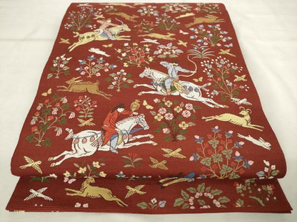 平和屋着物●西陣　川島織物　六通柄　本袋帯　紬地　狩猟文　正絹　逸品　AABM4874pf