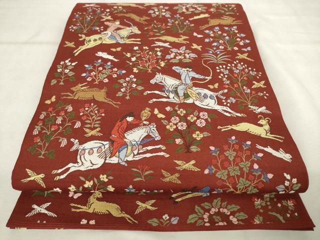 平和屋着物●西陣　川島織物　六通柄　本袋帯　紬地　狩猟文　正絹　逸品　AABM4874pf