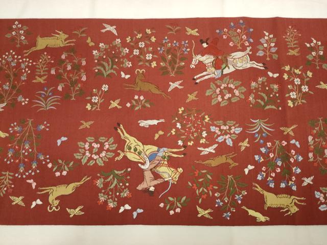 平和屋着物●西陣　川島織物　六通柄　本袋帯　紬地　狩猟文　正絹　逸品　AABM4874pf