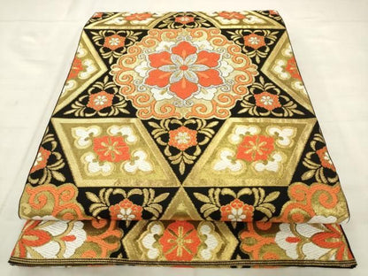 平和屋着物●西陣　川島織物　六通柄　本袋帯　飾花文　黒地　金銀糸　正絹　逸品　AABM4892pf