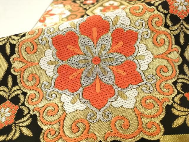 平和屋着物●西陣　川島織物　六通柄　本袋帯　飾花文　黒地　金銀糸　正絹　逸品　AABM4892pf