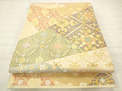 平和屋着物●唐織・西陣の老舗・名門・藤原織物　六通柄袋帯　切嵌花文　金糸　正絹　逸品　AABM4919pf