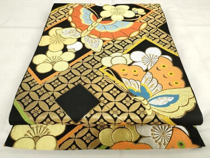 平和屋着物●西陣　川島織物　六通柄　本袋帯　花蝶文　黒地　金銀糸　正絹　逸品　AABM4922pf