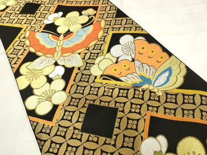 平和屋着物●西陣　川島織物　六通柄　本袋帯　花蝶文　黒地　金銀糸　正絹　逸品　AABM4922pf