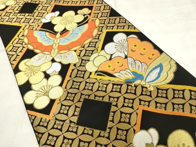 平和屋着物●西陣　川島織物　六通柄　本袋帯　花蝶文　黒地　金銀糸　正絹　逸品　AABM4922pf