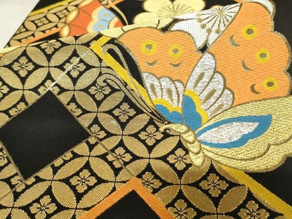 平和屋着物●西陣　川島織物　六通柄　本袋帯　花蝶文　黒地　金銀糸　正絹　逸品　AABM4922pf