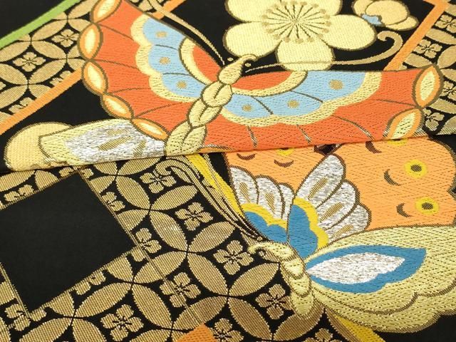 平和屋着物●西陣　川島織物　六通柄　本袋帯　花蝶文　黒地　金銀糸　正絹　逸品　AABM4922pf