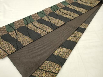 平和屋着物●六通柄袋帯　横段花文　金糸　正絹　逸品　AABM4940pf
