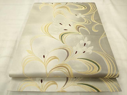 平和屋着物●六通柄袋帯　草花文　金銀糸　正絹　逸品　AABM4950pf