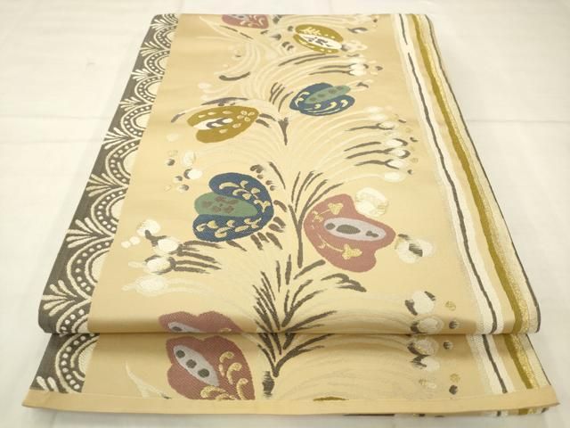 平和屋着物●六通柄袋帯　草花文　金糸　正絹　逸品　AABM4954pf
