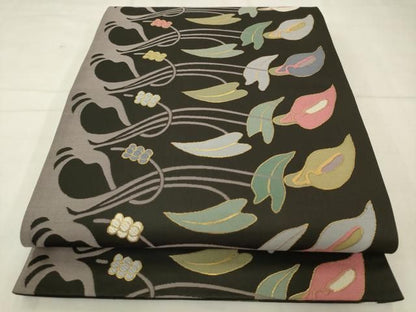 平和屋着物●六通柄袋帯　草花文　黒地　金糸　正絹　逸品　AABM4956pf