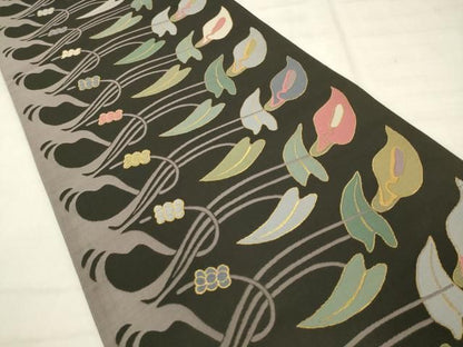 平和屋着物●六通柄袋帯　草花文　黒地　金糸　正絹　逸品　AABM4956pf