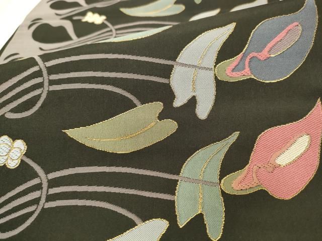 平和屋着物●六通柄袋帯　草花文　黒地　金糸　正絹　逸品　AABM4956pf