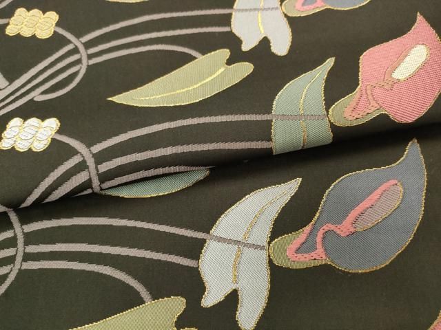 平和屋着物●六通柄袋帯　草花文　黒地　金糸　正絹　逸品　AABM4956pf