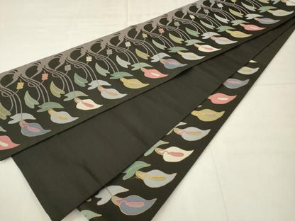 平和屋着物●六通柄袋帯　草花文　黒地　金糸　正絹　逸品　AABM4956pf