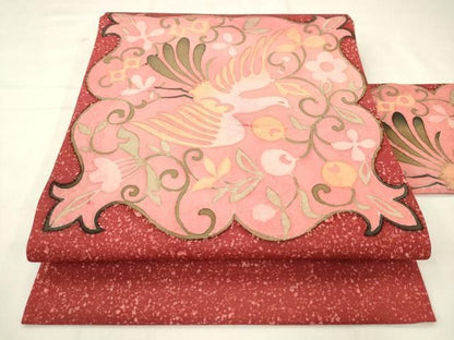 平和屋着物●塩瀬　九寸名古屋帯　花鳥文　ろうけつ染め　正絹　逸品　AABM4967pf