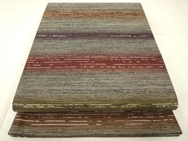 平和屋着物●両面六通柄袋帯　横段文　鱗文　銀糸　正絹　逸品　AABM4970pf