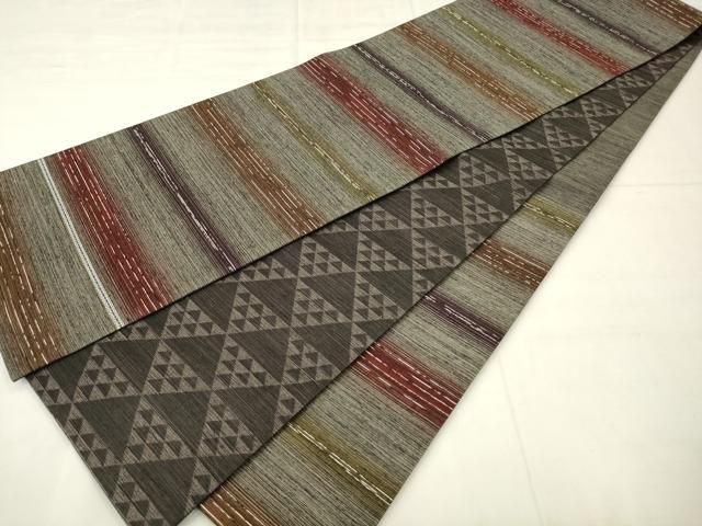 平和屋着物●両面六通柄袋帯　横段文　鱗文　銀糸　正絹　逸品　AABM4970pf