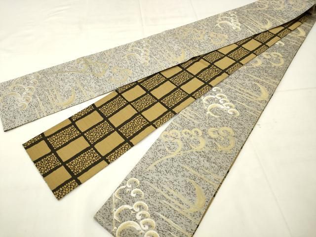 平和屋着物●両面半幅帯　抽象文様　金銀糸　正絹　逸品　AABM4976pf