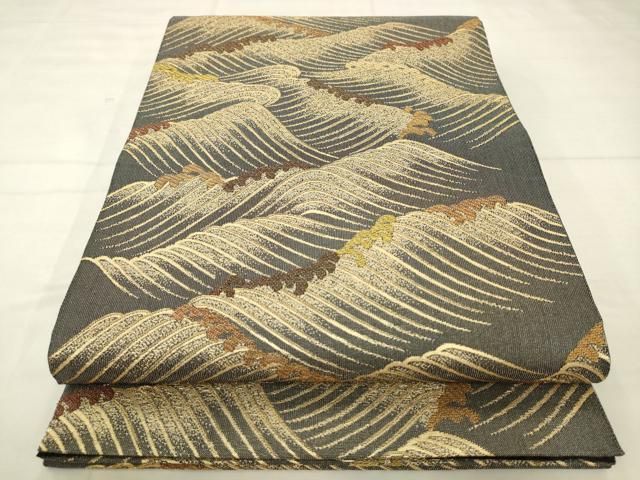 平和屋着物●両面六通柄袋帯　立波文　金糸　正絹　逸品　AABM4980pf